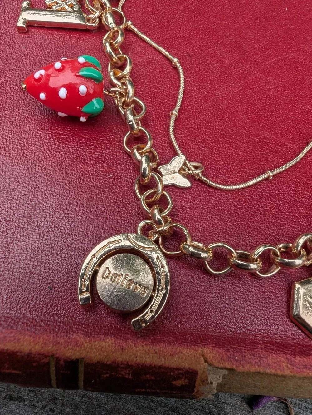 Gold-Tone Charm Necklace with Red Strawberry and Glass Heart
